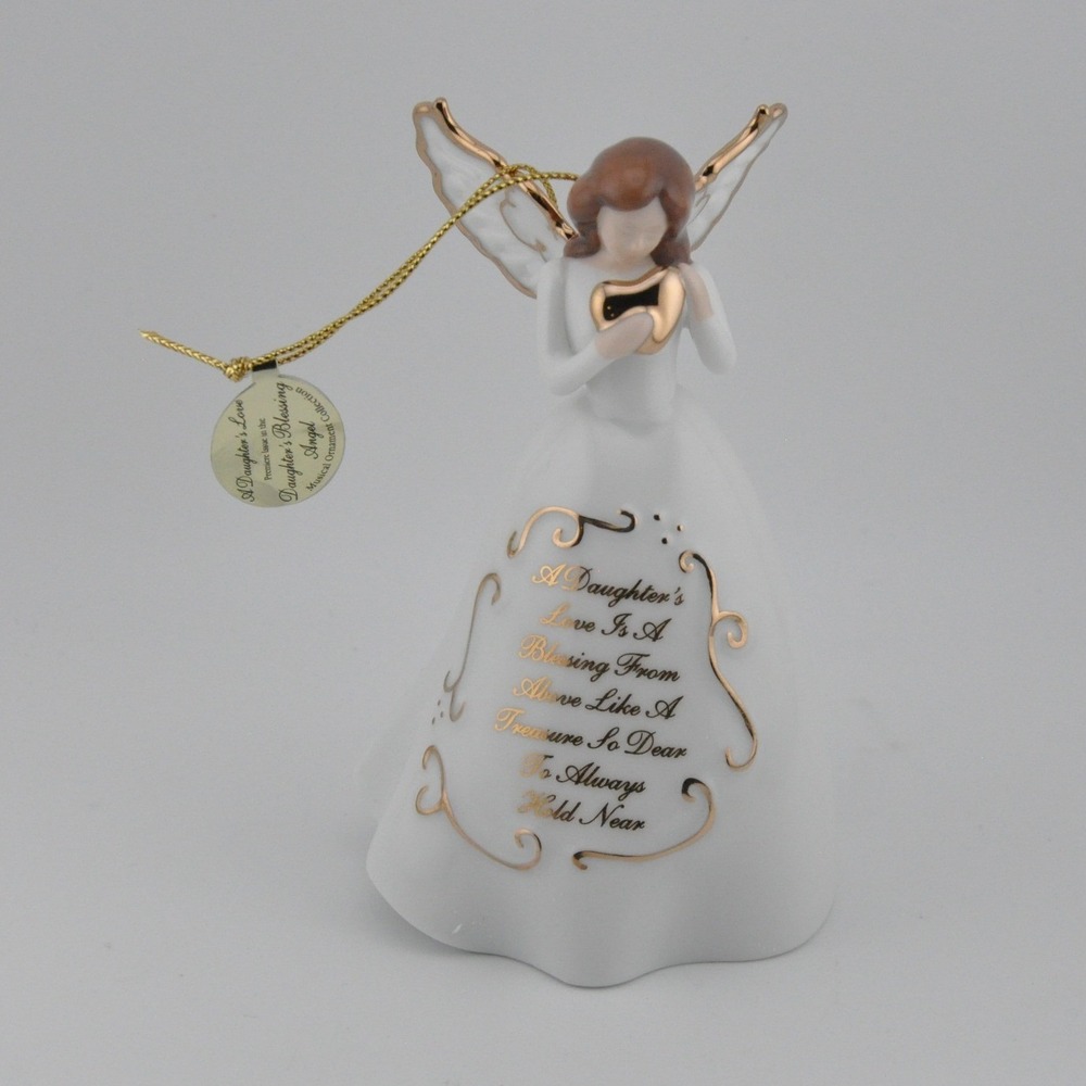 A Daughter's Blessing Angel Musical Ornament OS White Excellent Gold Trim Heart